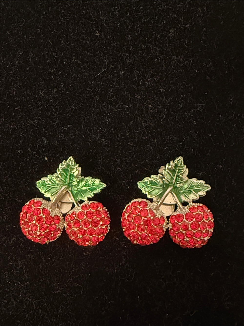 SHOE CLIPS VINTAGE CHERRIES SILVER TONE RED RHINESTONES GREEN ENAMEL PUFFY MCM